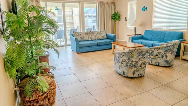 Ein Wohnzimmer mit einem blauen Sofa, passenden Sessel, einem Couchtisch und einer großen Kübelpflanze.