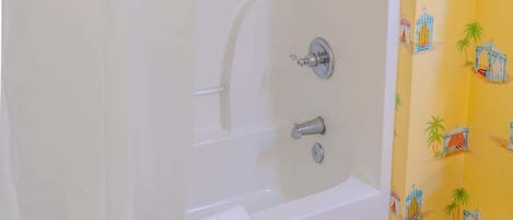 Combined shower/tub, hair dryer, towels, shampoo