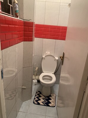 A small bathroom with a toilet, a hand dryer, and a red and white tiled wall. - Immaculate 2-bed Apartment, Langata, Nairobi (Nairobi)