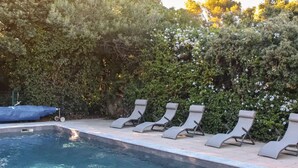 A swimming pool with lounge chairs and a covered area, surrounded by dense foliage.