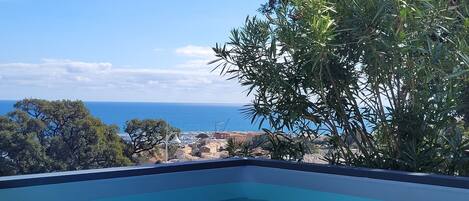 A clear view of a swimming pool with a backdrop of the sea and distant buildings.