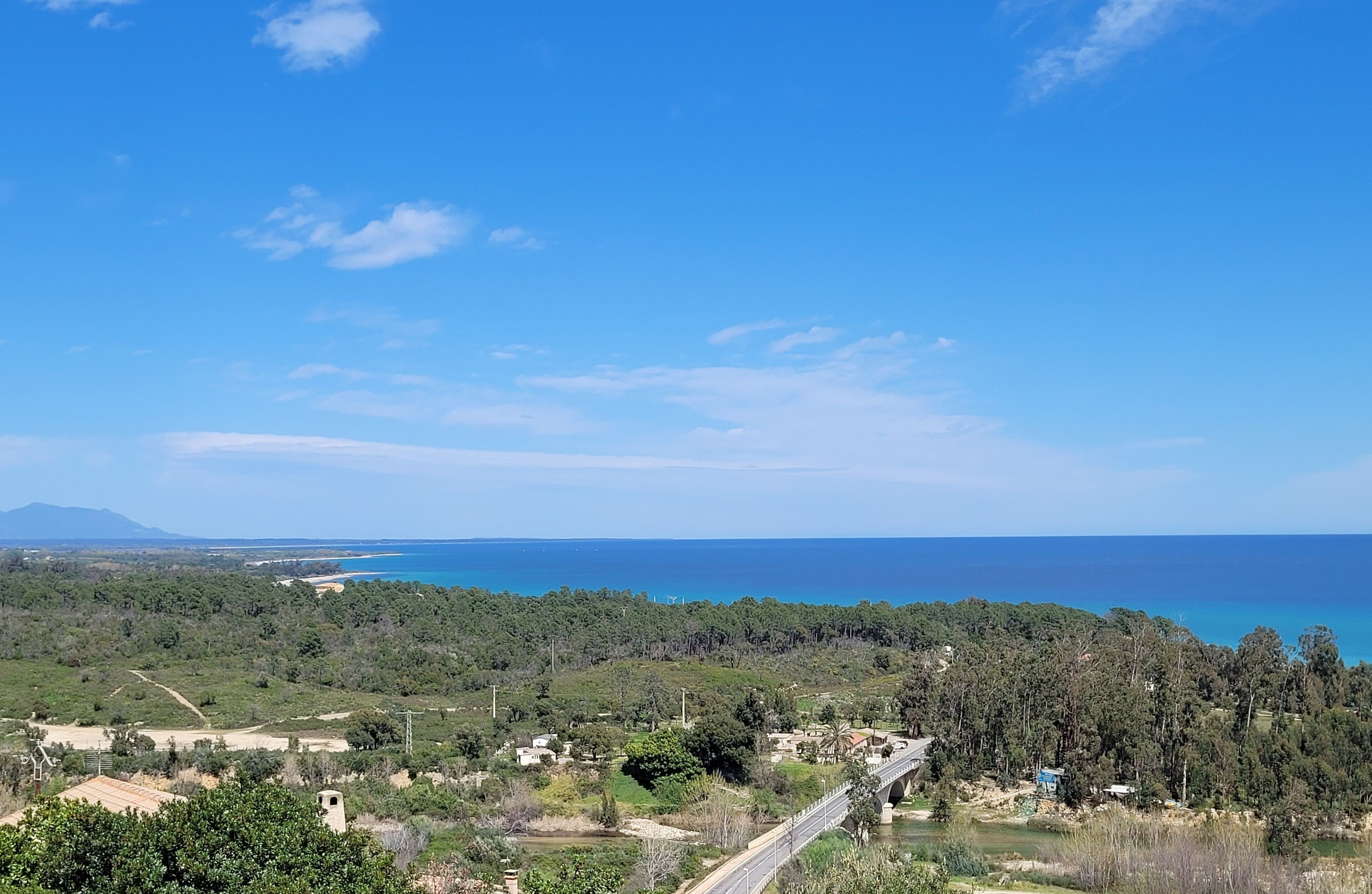 A coastal landscape with a road, buildings, and dense vegetation.