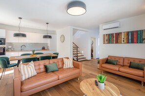 Smart TV, fireplace, books