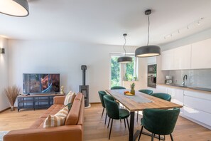 Smart TV, chimenea y libros 