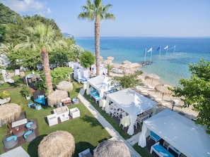 Resort com área de estar ao ar livre, palmeiras e vista para o mar.