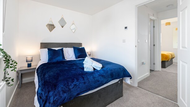 A bedroom with a dark blue bedspread, white pillows, and a bedside lamp. There is a plant on the left side of the bed, and a door leading to another room. - The Holt (Lincoln)