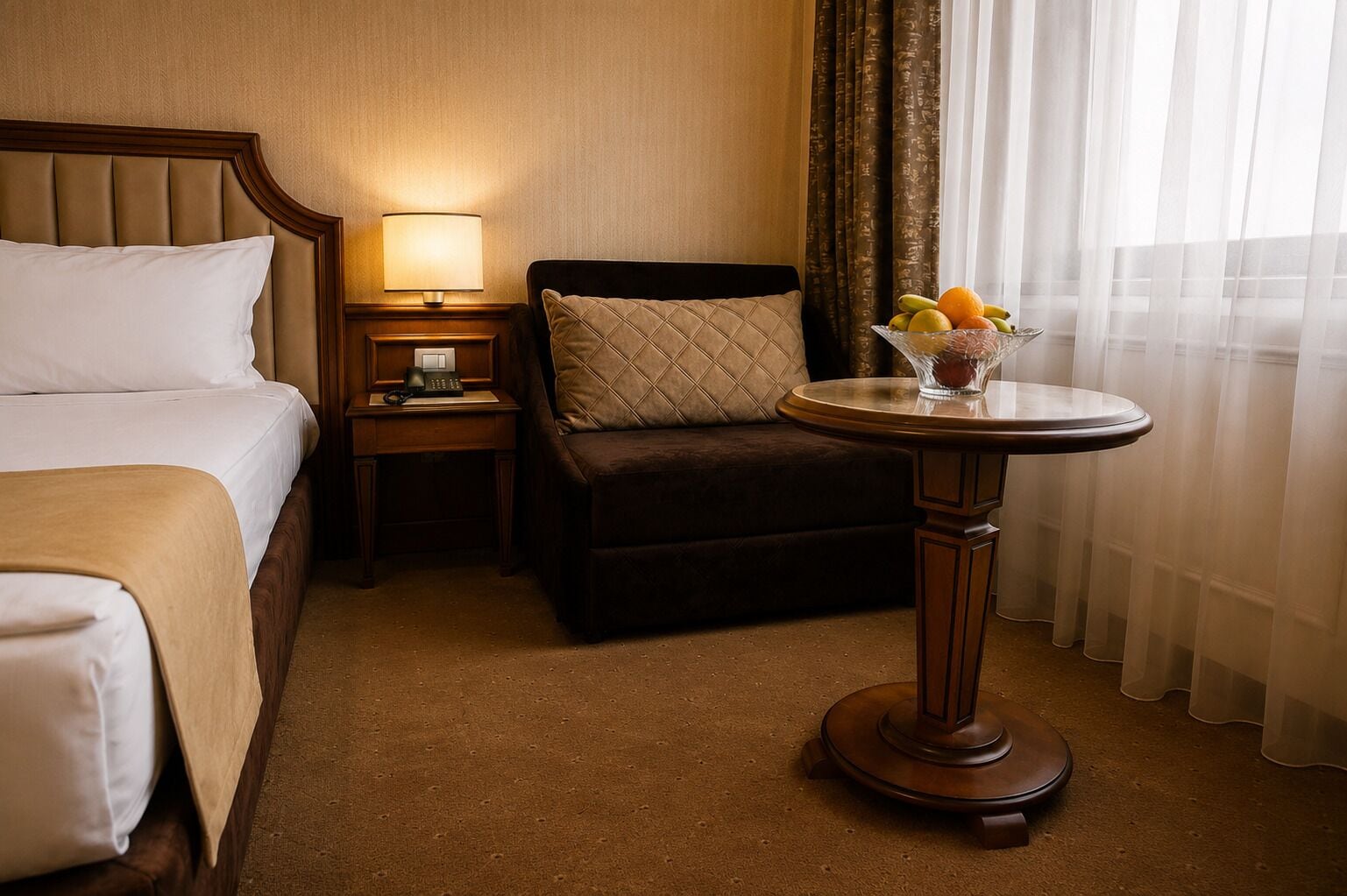 Habitación de hotel con una cama, una mesita de noche con lámpara, un sillón pequeño y una mesa redonda con fruta.