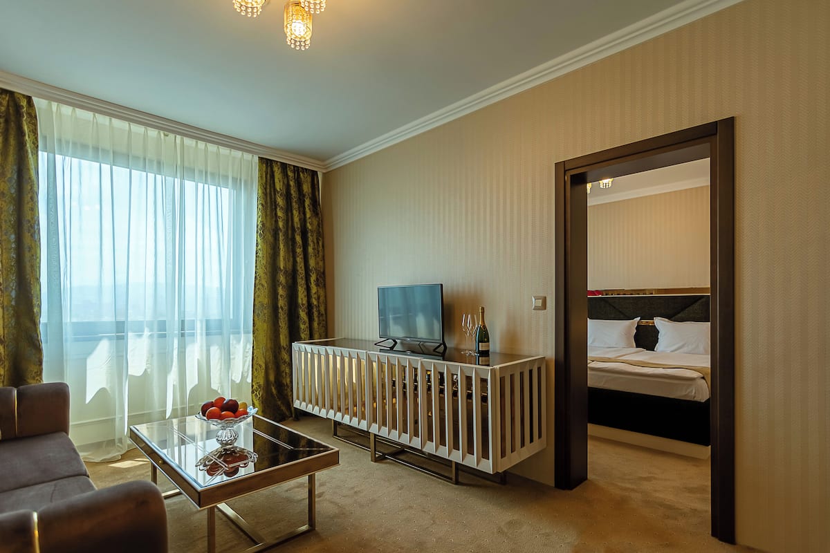 Habitación de hotel con cama, televisor, una mesita de vidrio con fruta y vistas al exterior.
