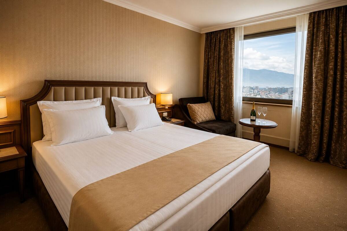 In-room safe, desk, laptop workspace, blackout curtains