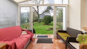 Télévision, cheminée, lecteur de DVD, livres