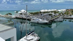 A marina with boats docked, a pool area, and a resort with multiple buildings and palm trees.
