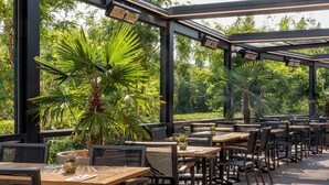 Un área de comedor al aire libre con mesas y sillas, rodeada de grandes ventanales y plantas en macetas.