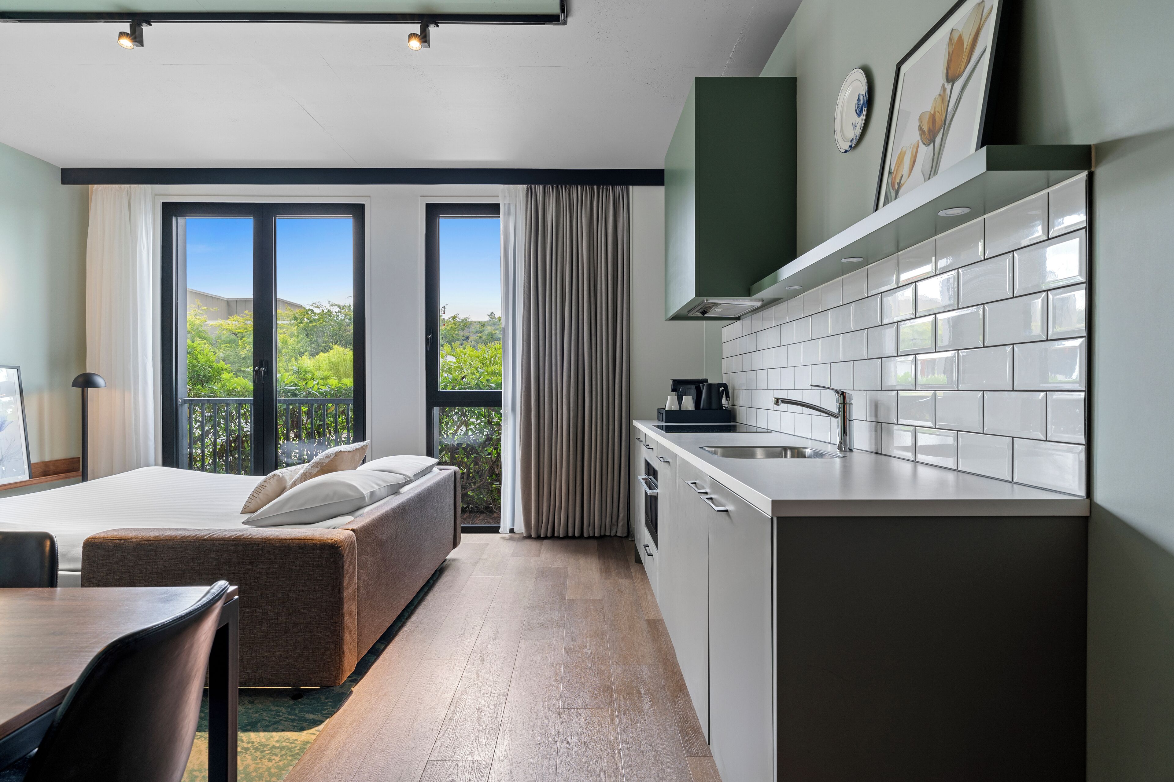 Twin Studio Apartment with Sofa Bed | Private kitchen | Fridge, microwave, oven, stovetop