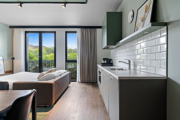 Twin Studio Apartment with Sofa Bed | Private kitchen | Fridge, microwave, oven, stovetop