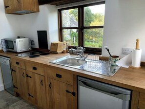 Kitchen features a stainless steel sink, microwave, and dish rack with utensils.