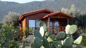 A wooden cabin with a red roof, surrounded by cacti and other vegetation, set against a mountainous backdrop.