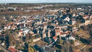 Eine Vogelperspektive einer Stadt mit einer Mischung aus Wohn- und historischen Gebäuden, einem markanten, schlösserartigen Bauwerk und einem Fluss, der sich durch das Zentrum schlängelt.