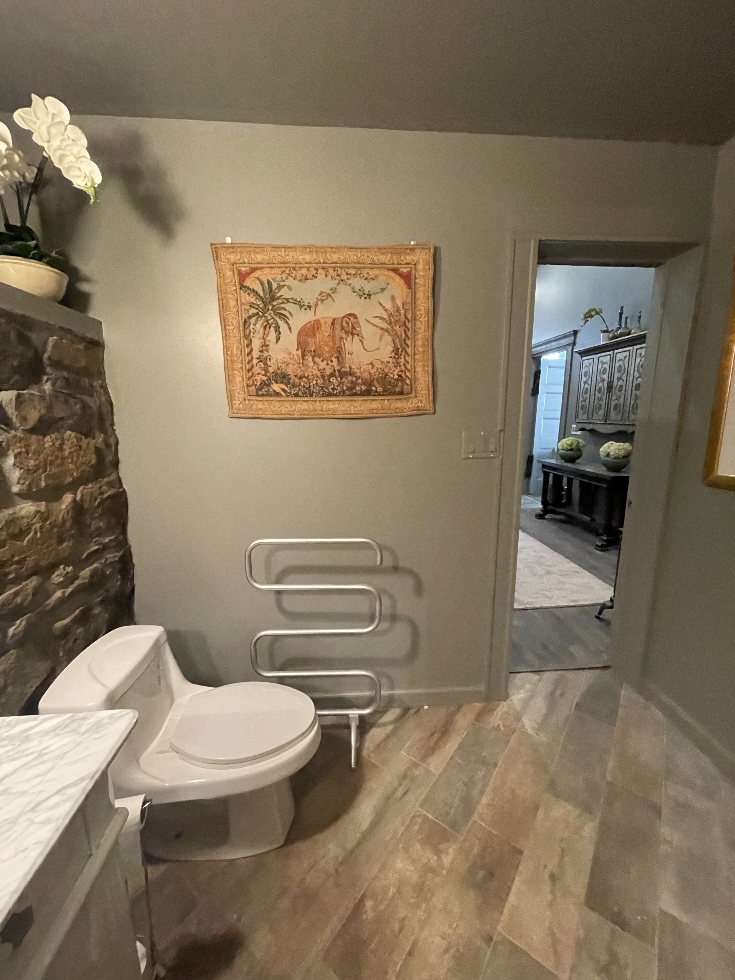 Une salle de bain comprenant des toilettes, un porte-serviettes, un mur décoratif en pierre et un tableau représentant un éléphant.