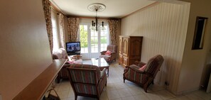 Télévision, cheminée, livres