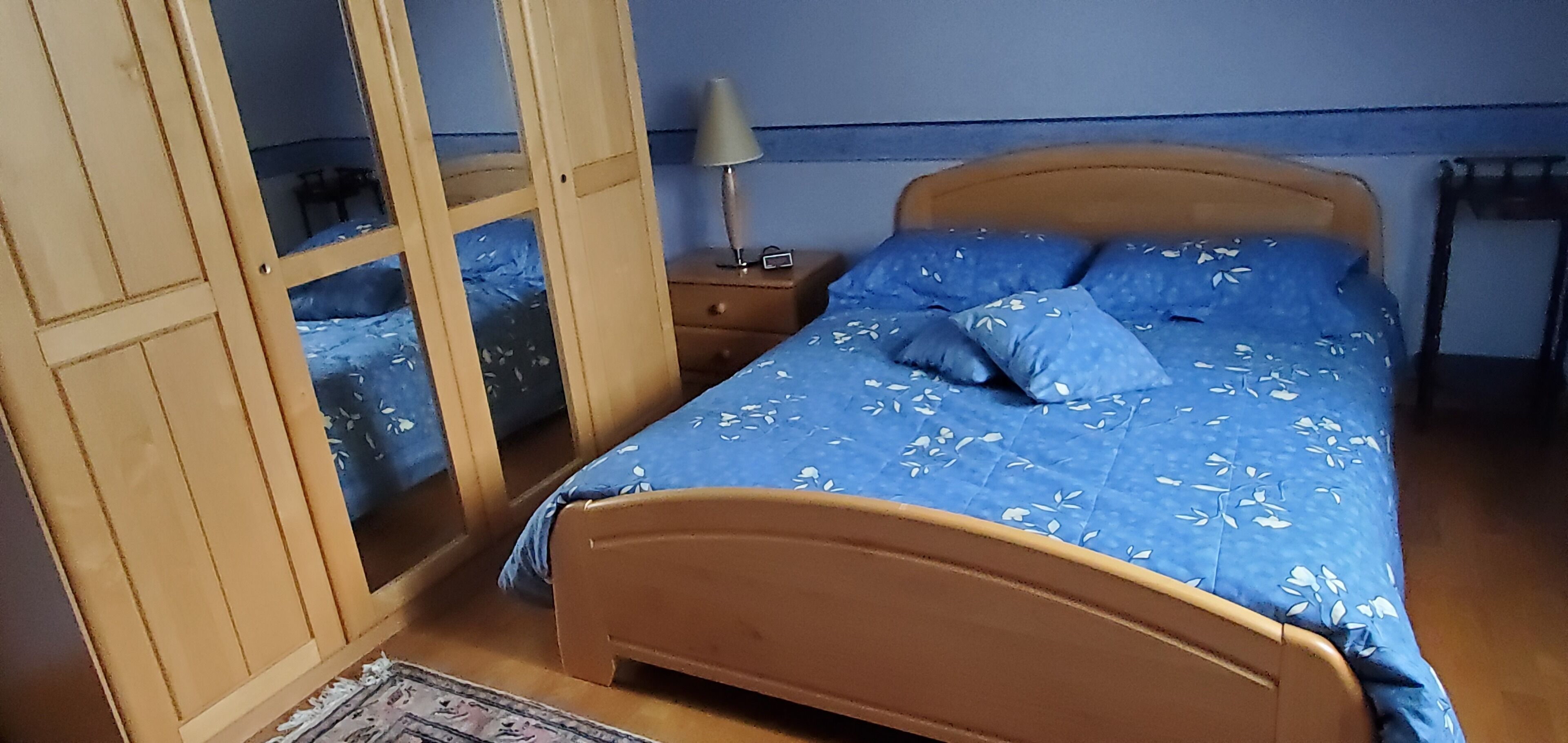 A bedroom with a wooden bed, a nightstand, a lamp, and a wardrobe with a mirror.