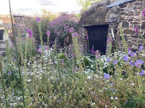 Un bâtiment rustique en pierre, doté d’un toit de chaume, entouré d’une variété de fleurs sauvages et de verdure.