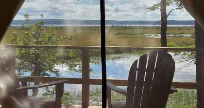 Lakefront Glamping Tent w/ensuite bathroom, King Bed, Fabulous View, near Acadia