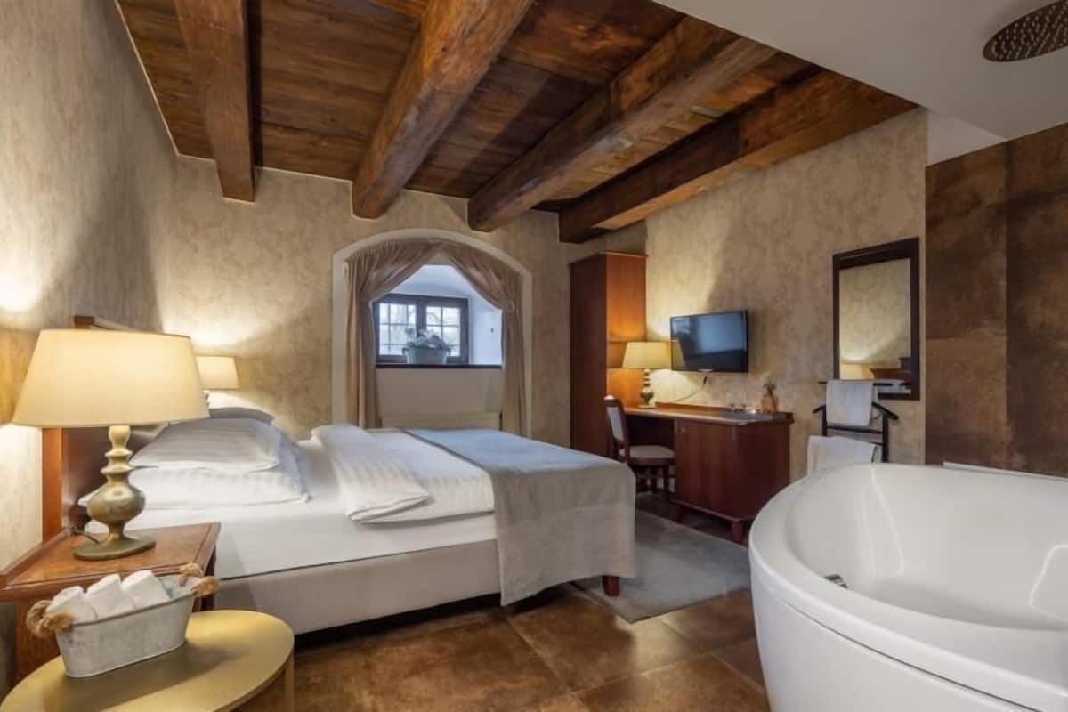Une chambre à coucher comprenant un lit, un bureau, une chaise, un téléviseur et une baignoire.