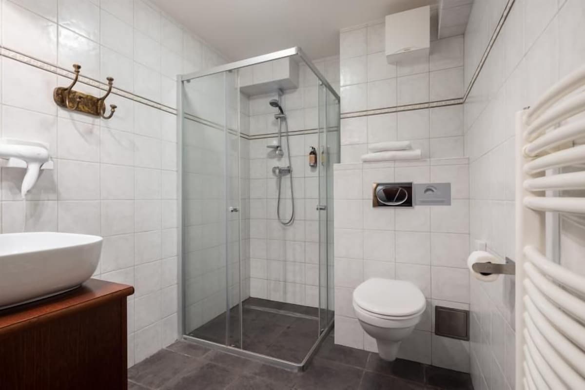 A modern bathroom with a glass-enclosed shower, a white sink, and a toilet.