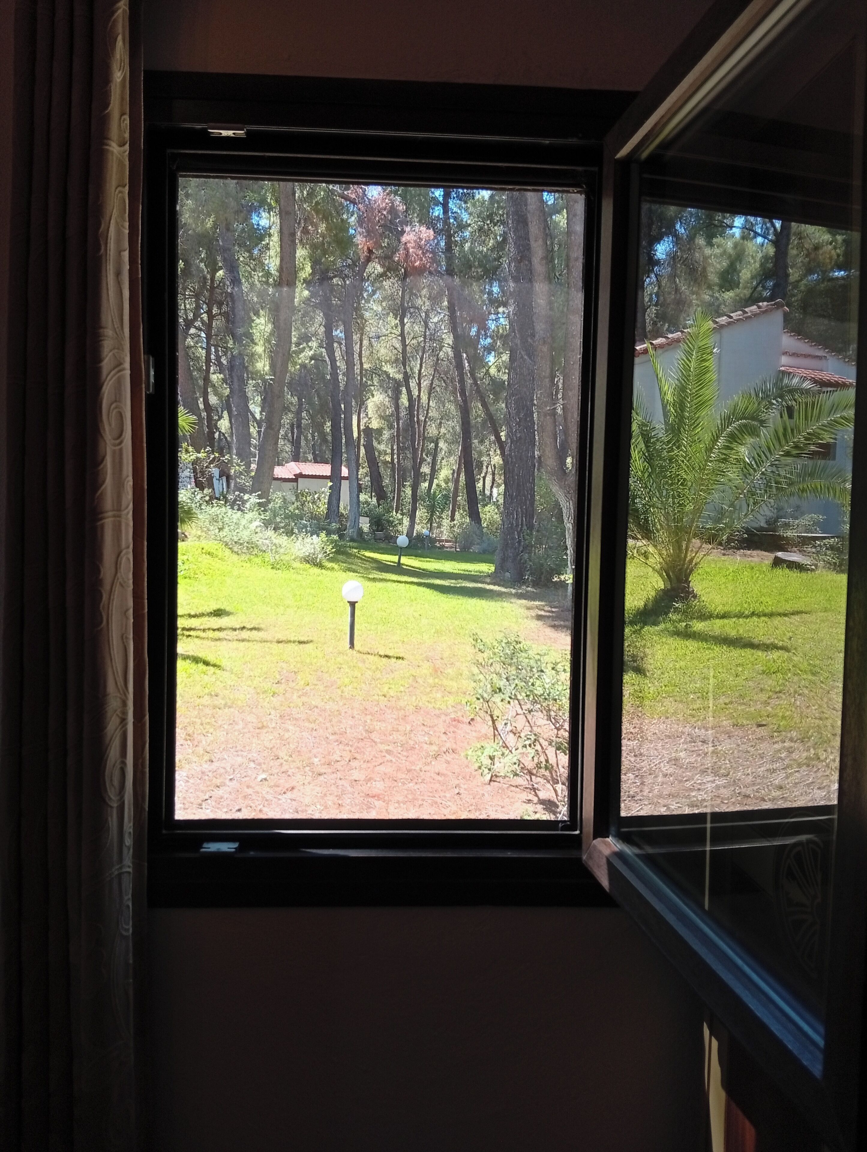 Una ventana con vistas a un jardín y árboles.