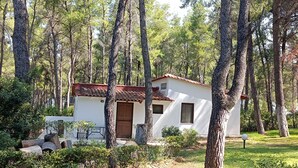 A small white building with a red-tiled roof, surrounded by tall trees and greenery.