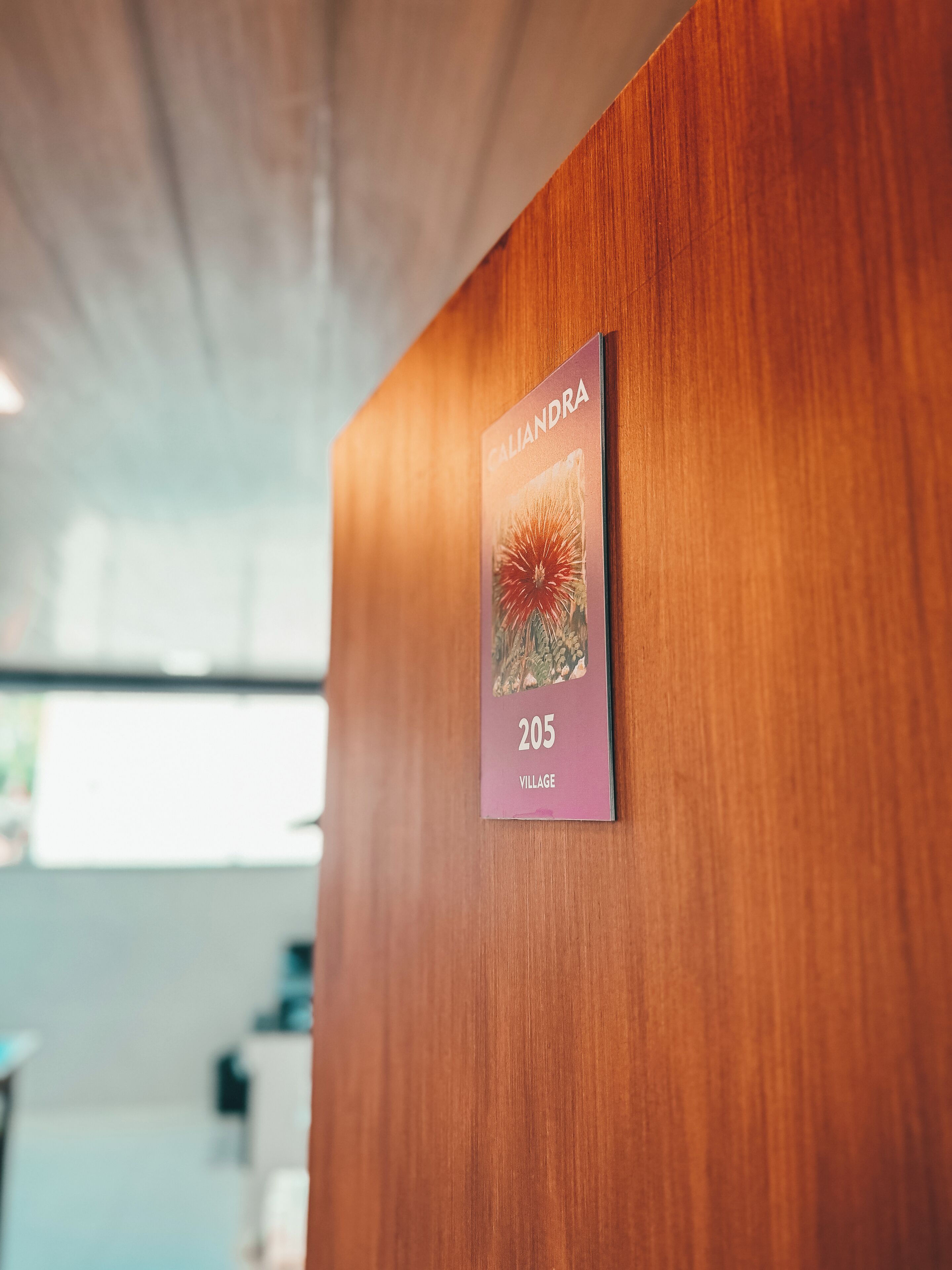Un mur en bois sur lequel est apposée une plaque indiquant le numéro de la chambre : 205. Le nom de la chambre est « Caliandra Village ».