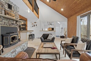 Smart TV, fireplace, books