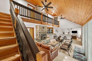 Smart TV, fireplace, books