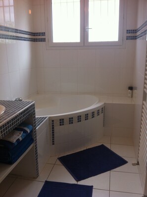 Combined shower/bathtub, hair dryer, towels, toilet paper