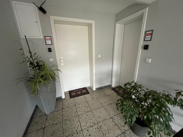Un couloir avec deux portes, un paillasson et des plantes en pot.