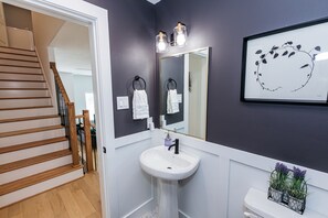 Hair dryer, towels, soap, toilet paper