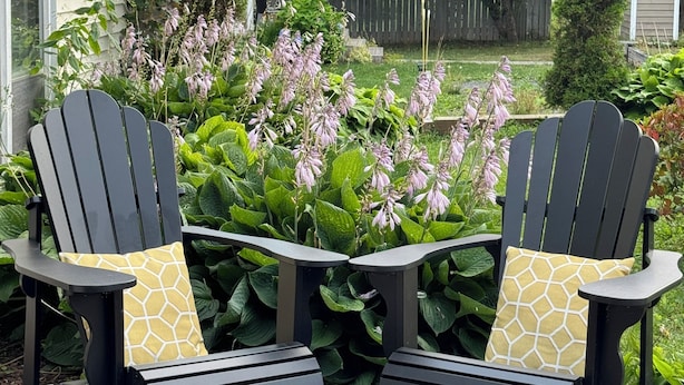 Two Adirondack chairs with yellow patterned cushions, positioned on a patio with a garden in the background. - Beautiful Brighton/Charlottetown; 1300 sq ft. apartment with AC and large deck.  (Charlottetown)