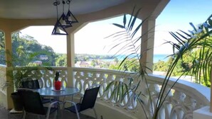 A covered outdoor area with a table and chairs, a potted plant, and a view of the landscape.