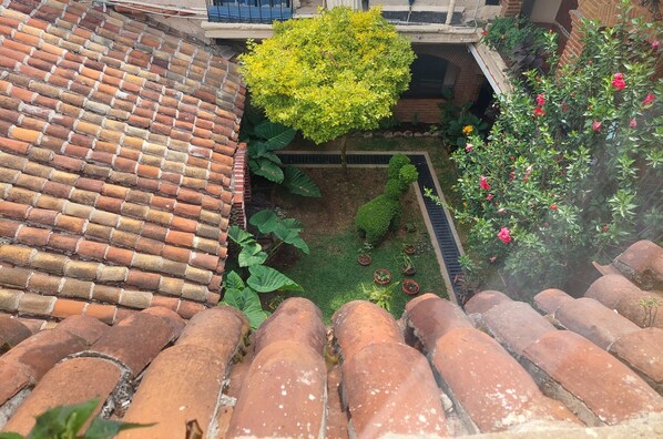 A rooftop garden with terracotta tiles, a small tree, and various potted plants.