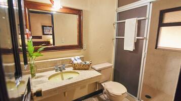 A bathroom with a sink, mirror, toilet, and shower.