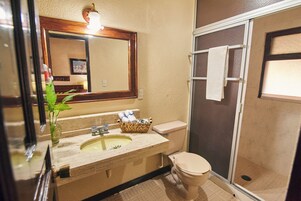 A bathroom with a sink, mirror, toilet, and shower.