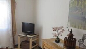 Una habitación con una televisión sobre un mueble de madera, un aparador con objetos decorativos y un suelo estampado.