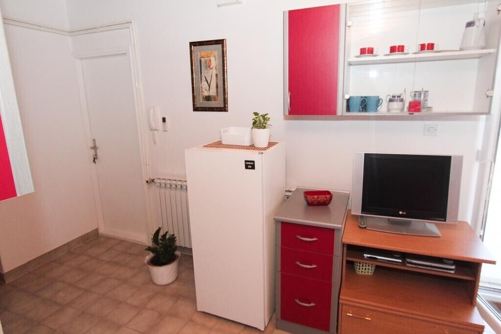 Cocina compacta con refrigerador, lavamanos y microondas. Hay un mueble pequeño con un televisor y un archivador rojo.