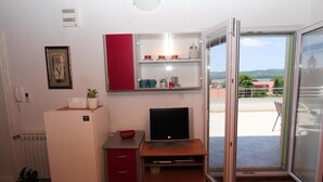 A compact living space with a kitchenette, a television on a wooden stand, a small refrigerator, a potted plant, and a sliding glass door leading to an outdoor area with a view of the landscape.