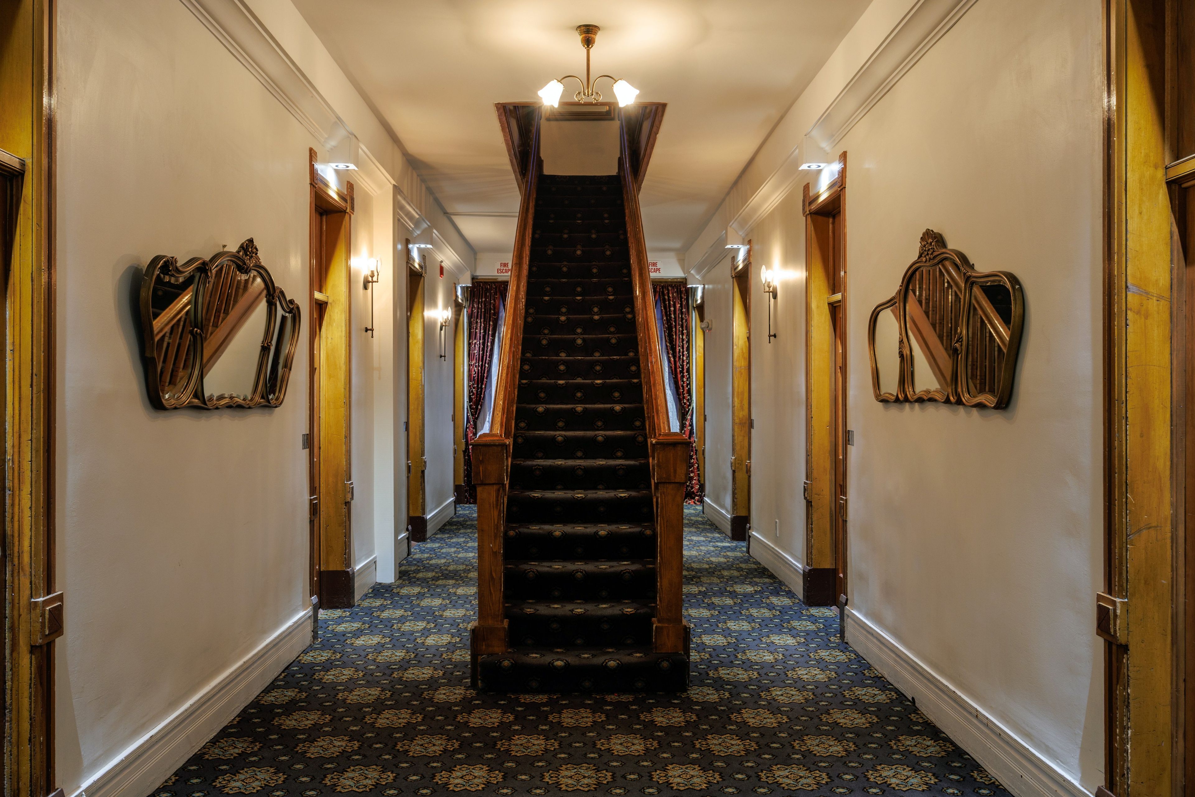 Un magnifique escalier, dont les marches sont recouvertes de moquette, mène à un palier.