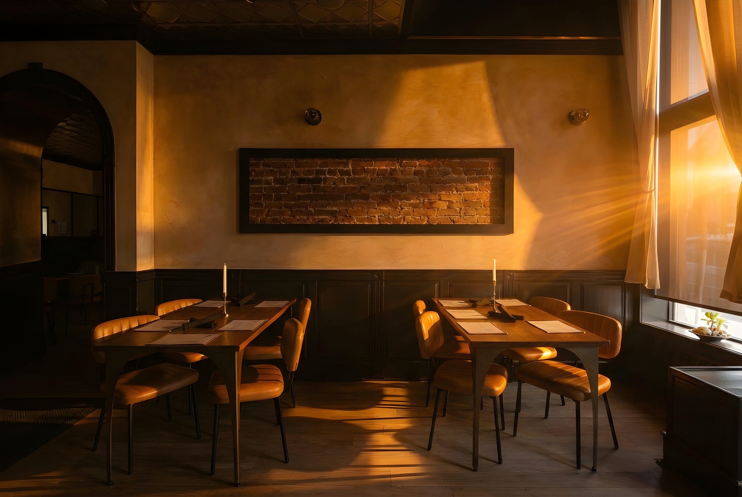 Un restaurante con una larga mesa de madera, varias sillas y una pared decorada con ladrillos.