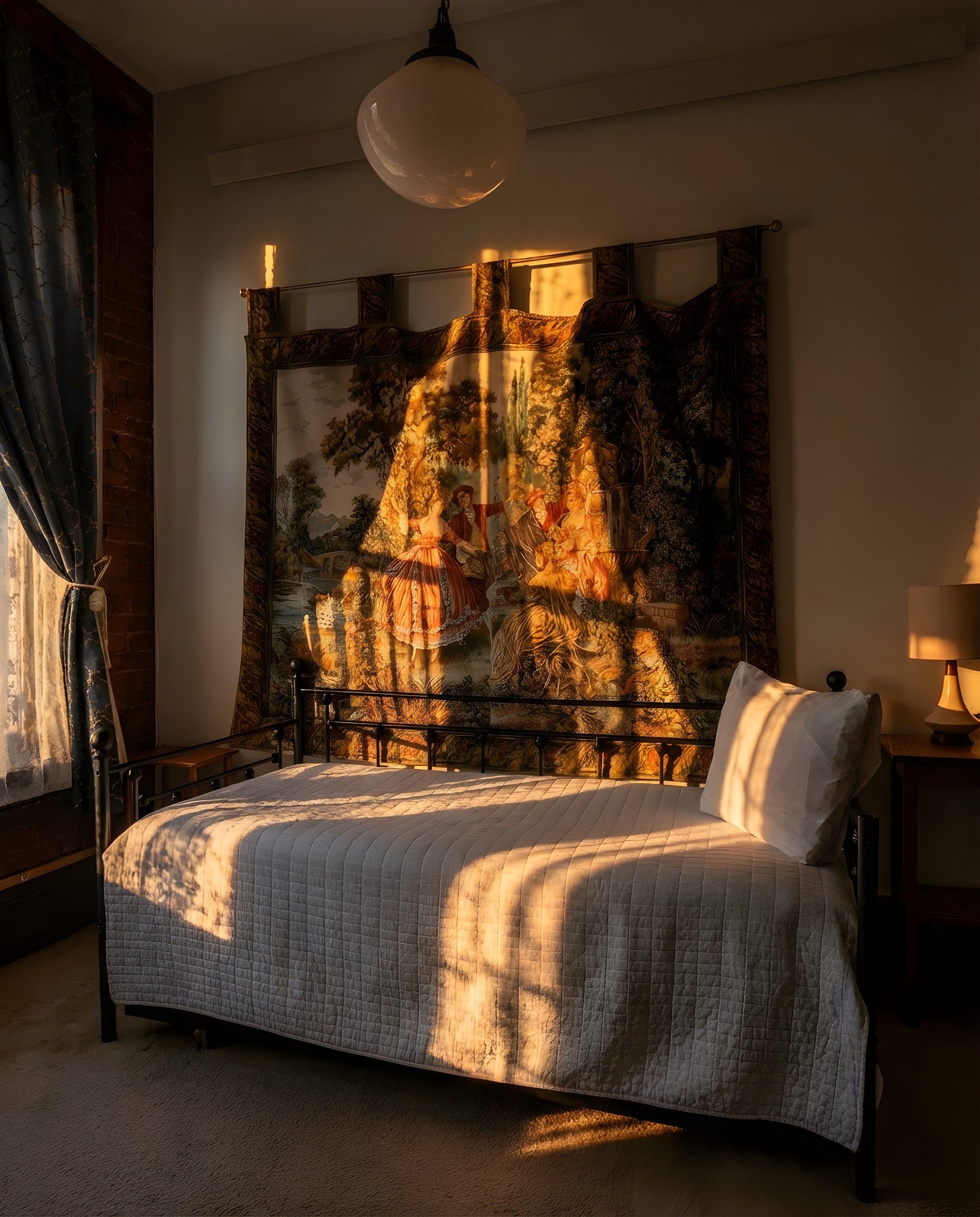 Une chambre à coucher avec un grand lit, une tapisserie et un luminaire suspendu.