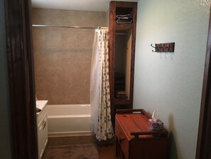 Combined shower/tub, soap, toilet paper