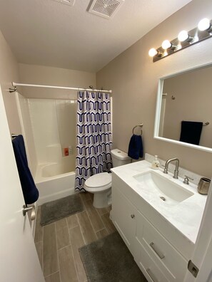 Une salle de bain équipée d’une douche, de toilettes, d’un lavabo et d’un miroir.