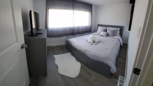 A bedroom with a bed, a television on a stand, a window with curtains, and a white rug.